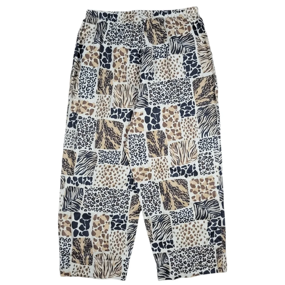 Hot Cotton 100% Linen Pants Womens 1X Brown Animal Print Pull On Cropped Casual - Picture 2 of 11
